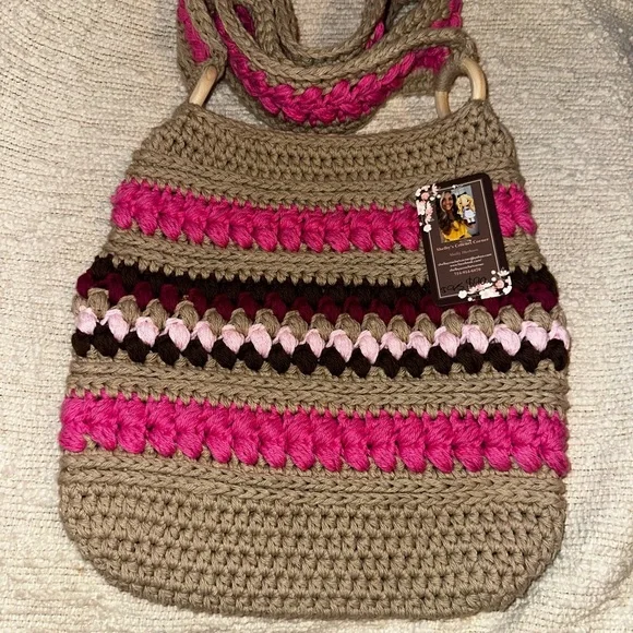 NWT Handcrafted Pink and Tan Crochet Crossbody Bag - Picture 3 of 13